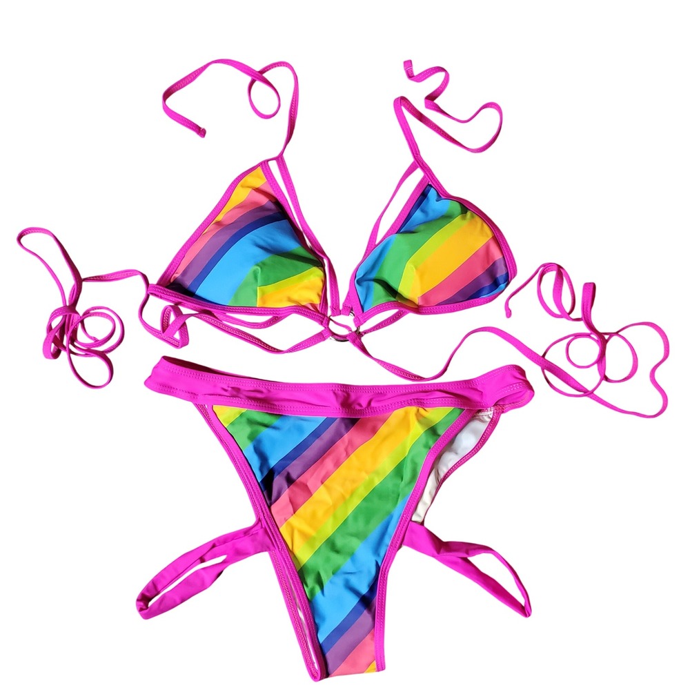 SHEIN Rainbow Striped Garter Bikini Set Womens Large New O-Ring Triangle